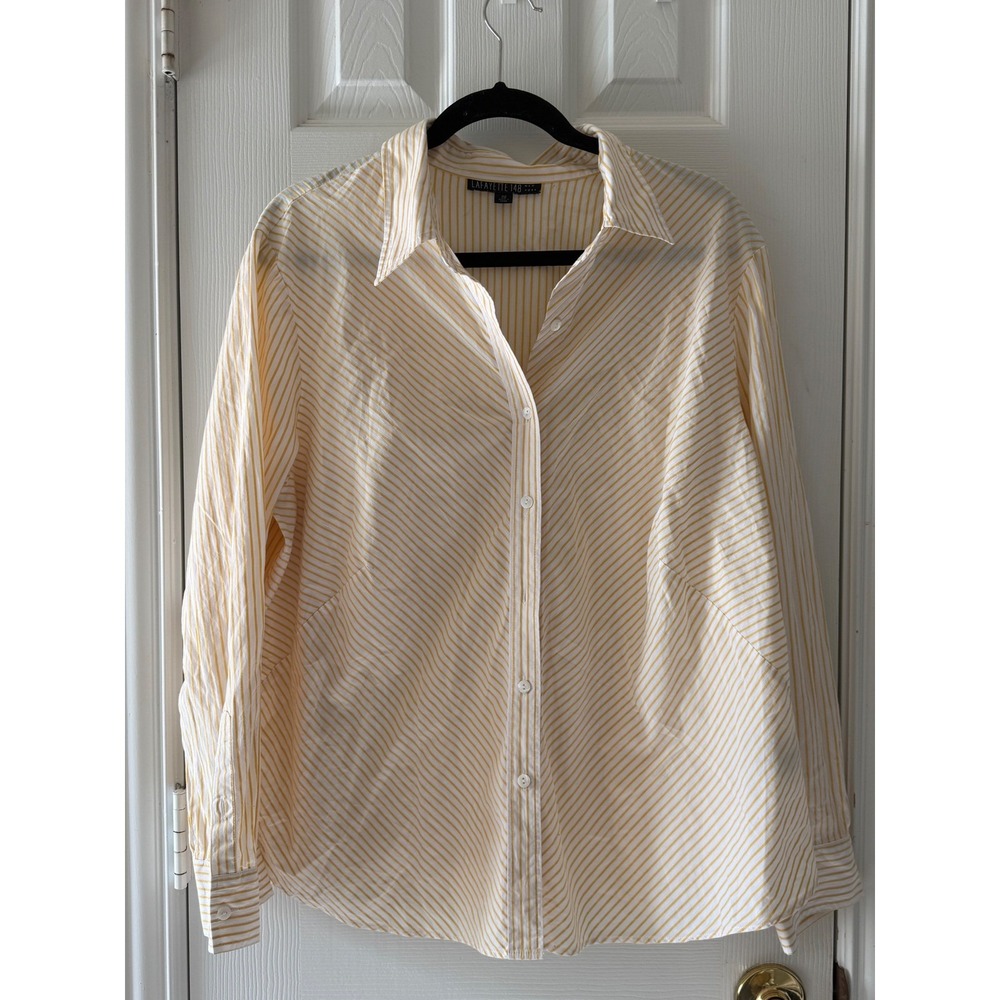 Lafayette 148 New‎ York Size 20 Yellow Stripe Cotton Button Front Blouse Plus - Picture 2 of 8